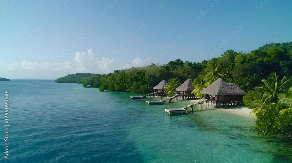 Tropical Coastal Scene with Bungalows on a Turquoise Ocean Under a Blue Sky Tropical Coastal Scene with Bungalows on a Turquoise Ocean Under a Blue Sky
