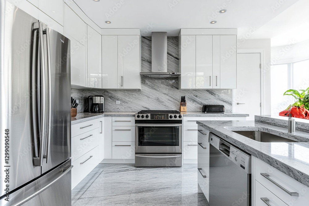 Fototapeta premium Modern white kitchen interior with stainless steel appliances, gray marble countertop, and cabinet wall. Minimalist home decor. Stock photo, high quality.