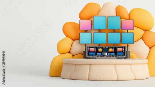 Abstract Colorful Control Room Setup With Multiple Screens On Textured Platform