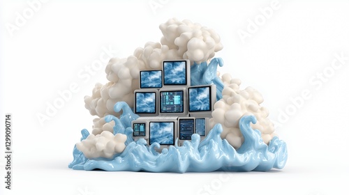 Abstract Digital Wave Screens Emerging From a Blue Cloud Form