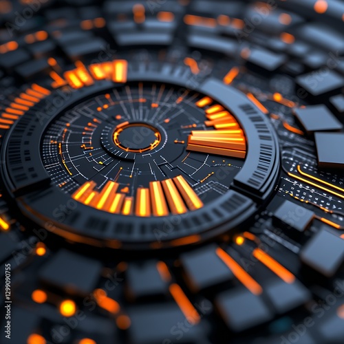 Abstract Futuristic Technology Background with Glowing Orange Circuitry