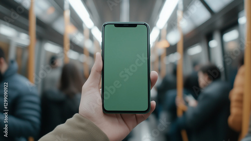 person holding smartphone with blank screen in subway train  surrounded by passengers. atmosphere is urban and modern  showcasing public transportation