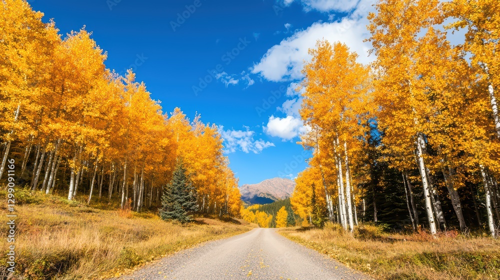 Naklejka premium Serene Autumn Forest Pathway with Vibrant Golden Leaves