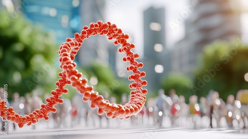 Abstract Red DNA Helix Over Cityscape Medical and Science Concept