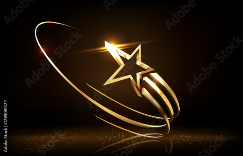 Award ceremony background with 3d gold star and ribbon element and glitter light effect decoration.