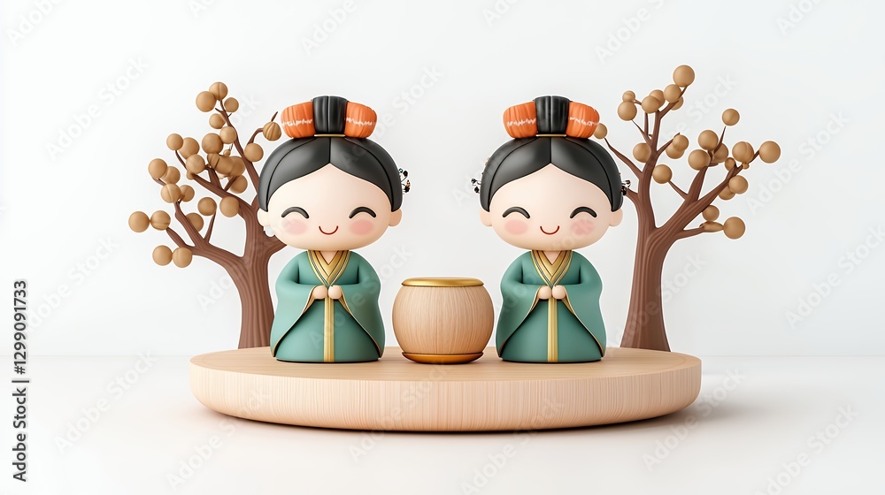 Fototapeta premium Adorable Asian Women Figurines in Traditional Attire with Wooden Drum on Minimalist Base