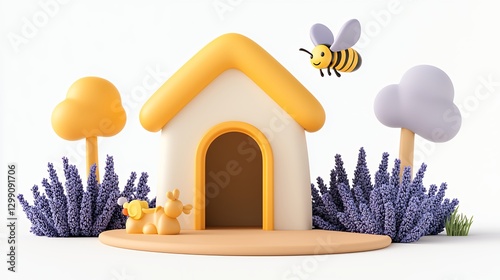 Adorable 3d Rendered Dog House In Lavender Garden With Bee