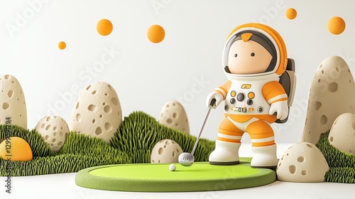 Adorable Astronaut Figurine Playing Golf on Whimsical Alien Landscape