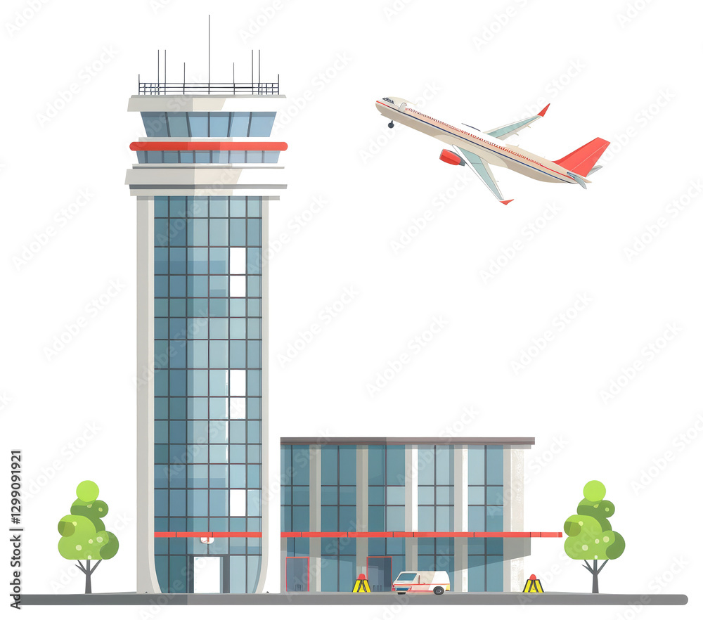An airport featuring a control tower and a departing passenger aircraft