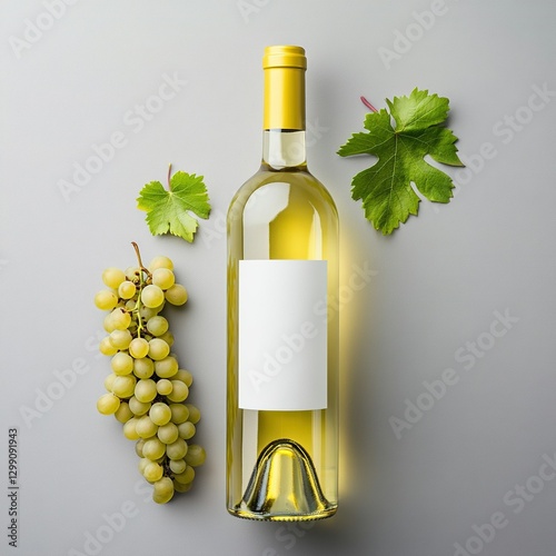 Wine bottle mockup with white label, top view, on the right side of the composition there are grapes and leaves. Advertising for wineries