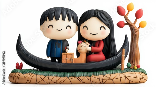 Adorable Couple and Baby Figurine on Gondola in Autumn Setting