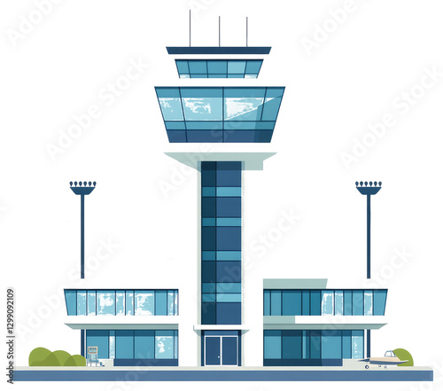 A tall airport control tower with accompanying buildings and aircraft