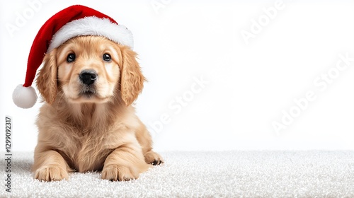 Adorable Golden Retriever Puppy In Santa Hat For Christmas