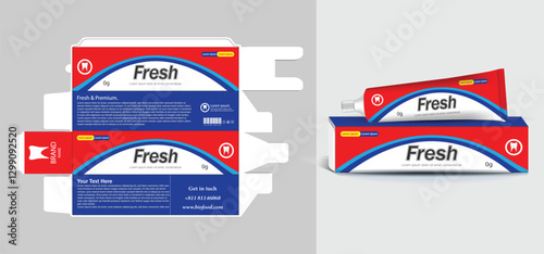 Toothpaste box and tube with template Box packaging design Level packaging design Tube packaging design 3D illustration vector file.