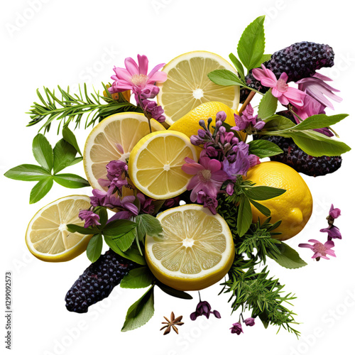 A vibrant arrangement of lemon slices surrounded by colorful flowers and lush green leaves.