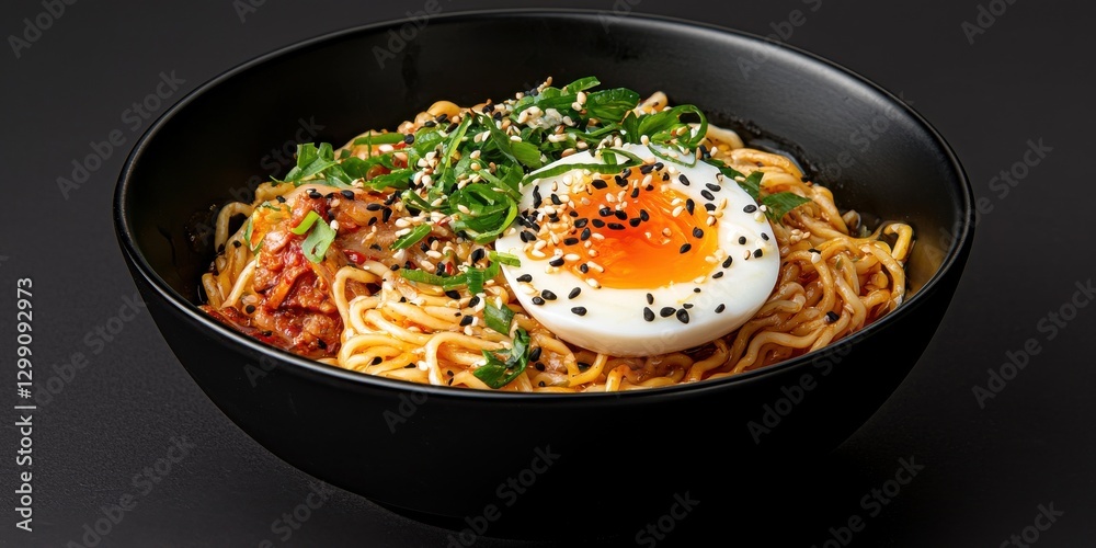 Delicious Ramen Noodles with Soft Boiled Egg, Sesame Seeds, and Green Onions, Gourmet Japanese Food Delicious Ramen Noodles with Soft Boiled Egg, Sesame Seeds, and Green Onions, Gourmet Japanese Food