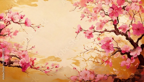 浮世絵のような和風の桜の絵画、水彩風の桜の花ビラを描き出した背景11
