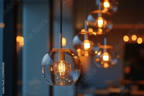Warm Glow of Hanging Light Bulbs in a Modern Indoor Setting During Evening Hours