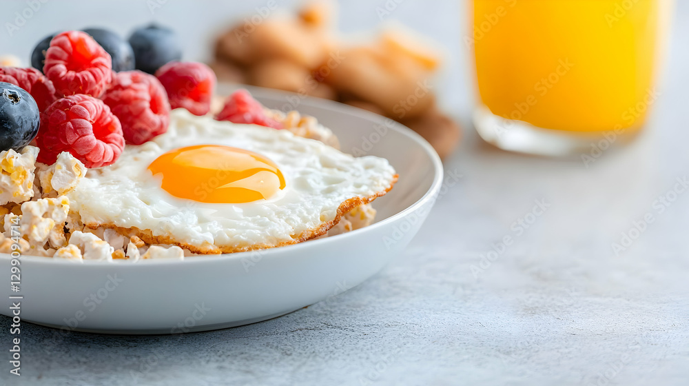 Healthy breakfast Oatmeal with egg, berries, and juice Healthy breakfast Oatmeal with egg, berries, and juice