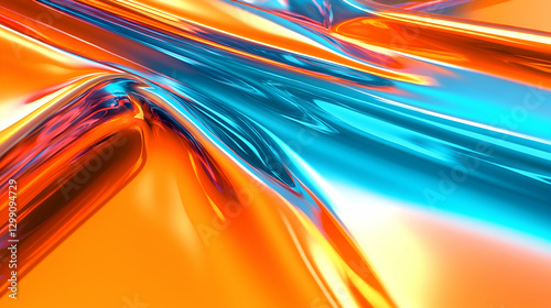 A glossy prismatic foil with high-definition neon orange and vibrant electric blue, shimmering metallic reflections blending smoothly