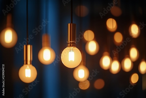 Warm Glow of Hanging Light Bulbs in a Modern Indoor Setting During Evening Hours