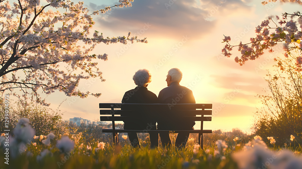 An elderly couple sitting on a bench in a park, surrounded by blooming flowers and a sunset sky An elderly couple sitting on a bench in a park, surrounded by blooming flowers and a sunset sky
