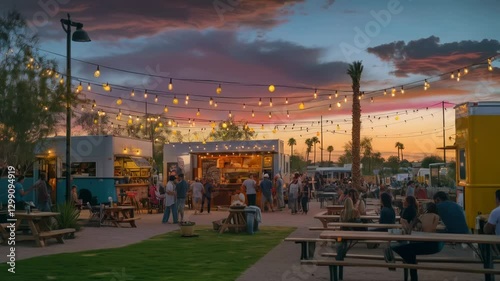 Sunset at the Food Truck Park: A Vibrant Evening Gathering