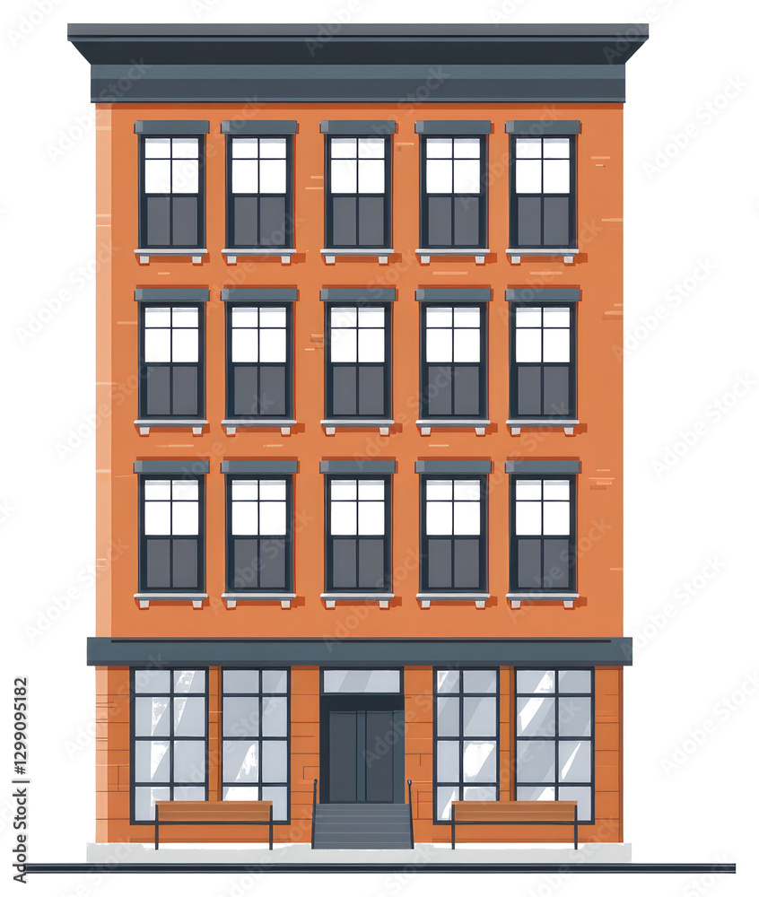 Obraz premium The illustrated orange brick building with many windows and benches