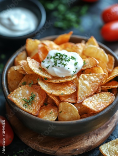Crispy Potato Chips Topped With Creamy Sauce and Fresh Herbs in a Rustic Bowl