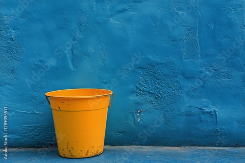 Bright Yellow Bucket Against a Vibrant Blue Wall Adds a Splash of Color to th...