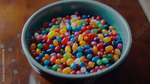 Assorted Jelly Beans Delight in a Ceramic Bowl, Colorful Confectionery