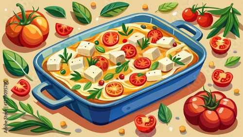 A baking dish filled with baked feta pasta, featuring creamy feta cheese, cherry tomatoes, and fresh herbs.