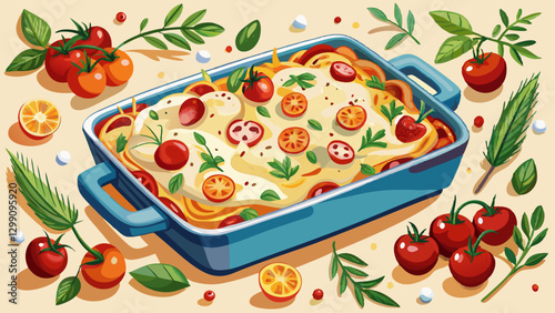 A baking dish filled with baked feta pasta, featuring creamy feta cheese, cherry tomatoes, and fresh herbs.