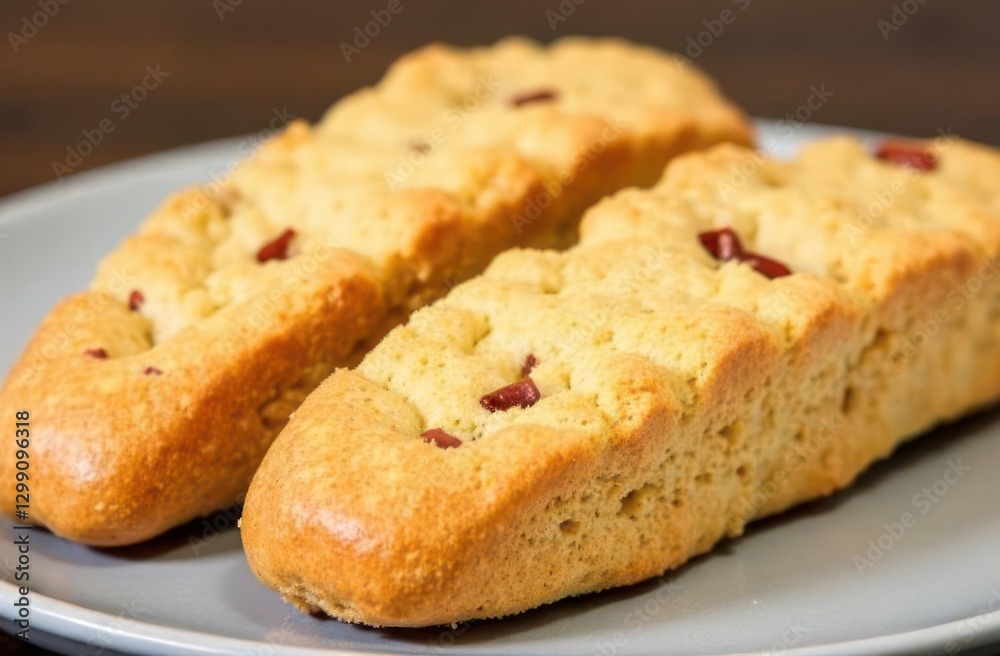 two freshly baked biscotti with chocolate pieces on gray plate. close-up of traditional italian almond biscuits. dessert, snack, coffee accompaniment, breakfast treat. two freshly baked biscotti with chocolate pieces on gray plate. close-up of traditional italian almond biscuits. dessert, snack, coffee accompaniment, breakfast treat.
