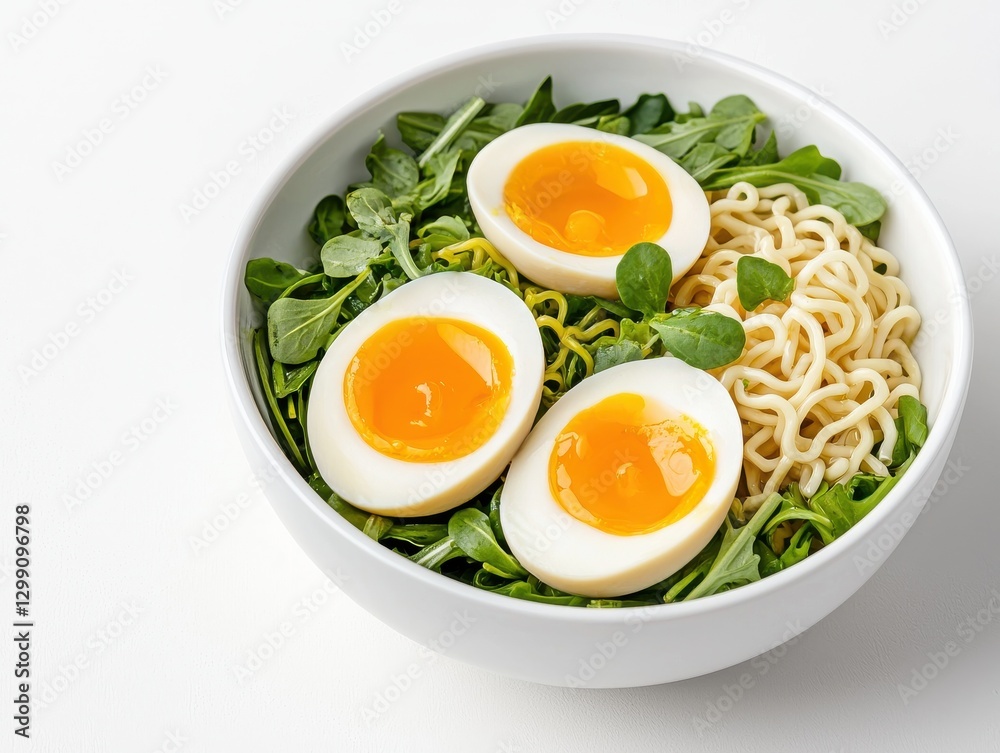 Delicious Ramen Noodles with Soft Boiled Eggs and Fresh Greens in White Bowl Delicious Ramen Noodles with Soft Boiled Eggs and Fresh Greens in White Bowl