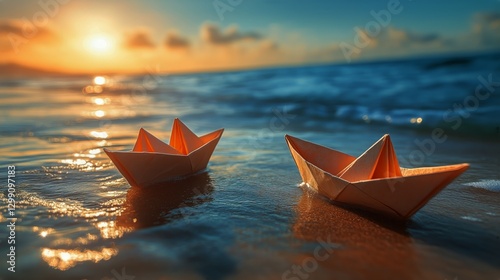 Paper Boats on a Sandy Beach at Sunset Near the Ocean Waves