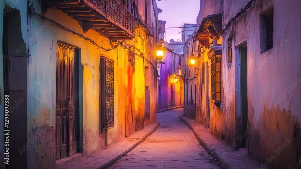 Quiet Street in Old Moroccan Medina at Sunset with Lantern Glow Quiet Street in Old Moroccan Medina at Sunset with Lantern Glow