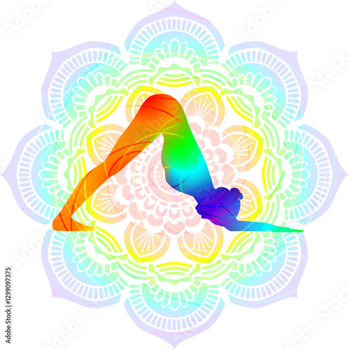 Colorful silhouette of woman practicing Ardha Pincha Mayurasana yoga pose. Dolphin pose or Turbo Dog pose. Shishulasana. Isolated vector illustration