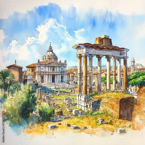 Roman Forum, Life drawing of a roman forum filled with people walking, Watercolor sketch on white paper.