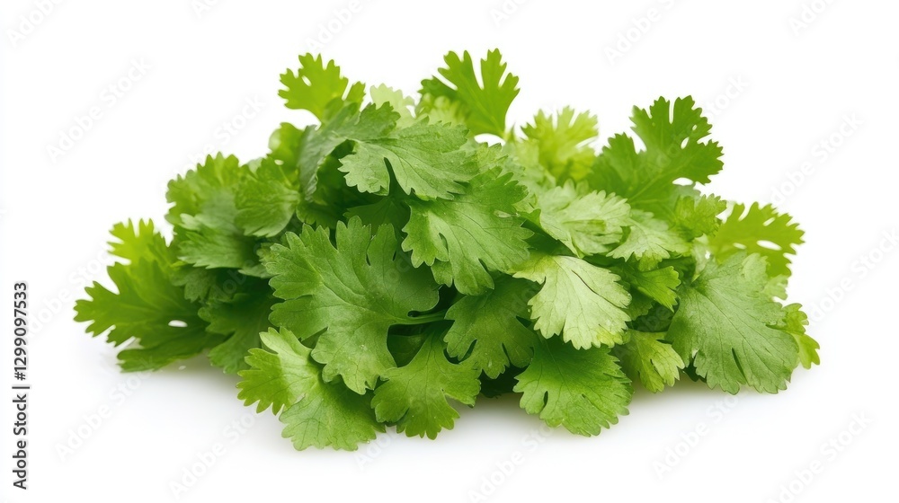 A bunch of fresh cilantro leaves floating lightly against a white background, showcasing their delicate green texture. A bunch of fresh cilantro leaves floating lightly against a white background, showcasing their delicate green texture.