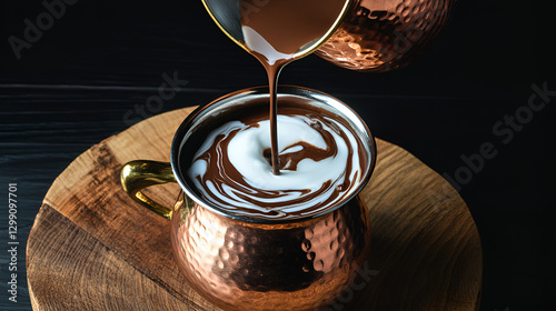 Rich chocolate pouring into copper mug, creating creamy swirl, highlighting gourmet beverage presentation