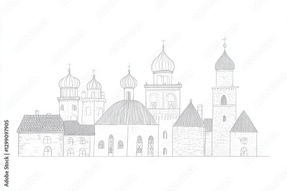 Monochrome Architectural Sketch of a Cityscape with Numerous Buildings and Towers Showing Various Styles of Architecture and Designs Throughout the Cityscape Using Lines and Shapes for Visual Monochrome Architectural Sketch of a Cityscape with Numerous Buildings and Towers Showing Various Styles of Architecture and Designs Throughout the Cityscape Using Lines and Shapes for Visual