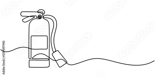Continuous one line drawing of fire extinguisher icon in silhouette on a white background. Linear stylized Minimalist, Continuous linear drawing of a fire extinguisher. Single line drawing of a fire. 
