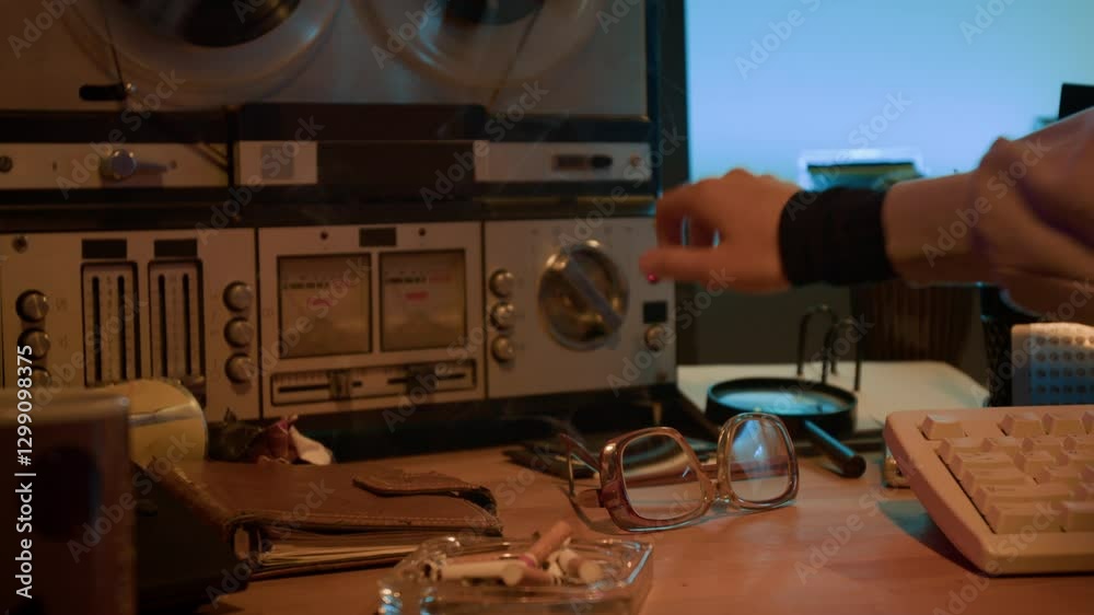 Close-up rack focus view of hand of unrecognisable girl stubbing out cigarette in ashtray and turning on vintage reel-to-reel tape recorder