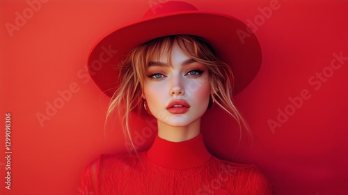 Fashionable Woman in Red Hat and Oversized Sunglasses Posing Against Solid Re...