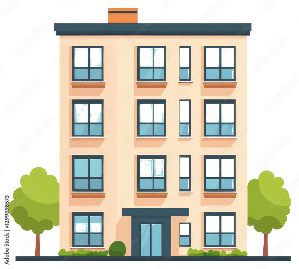 Naklejka premium A multi story apartment building featuring several windows and greenery
