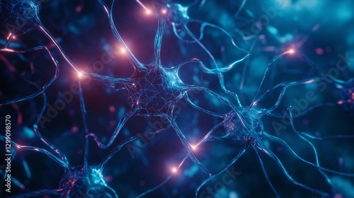 Glowing neural network in blue bioelectricity synapses connection