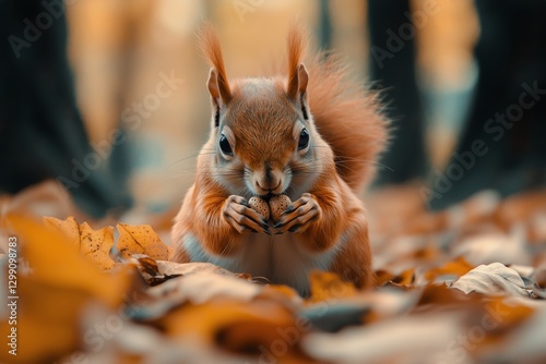 Squirrel Foraging for Nuts Among Autumn Leaves in a Park Setting