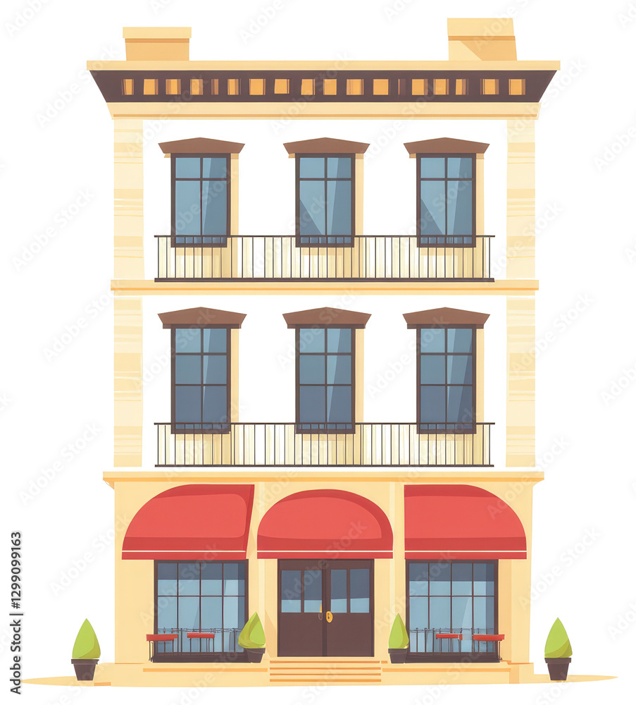 Obraz premium A stylized cartoon illustration of a multi story building facade