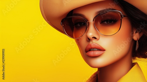 Young Woman Wearing Stylish Sunglasses and Large Hat During Sunny Day Outdoors